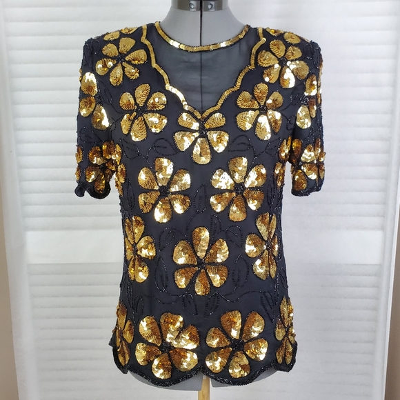 LAST CHANCE Vtg Laurence Kazar sequin beaded 100% silk top Small - Picture 2 of 13